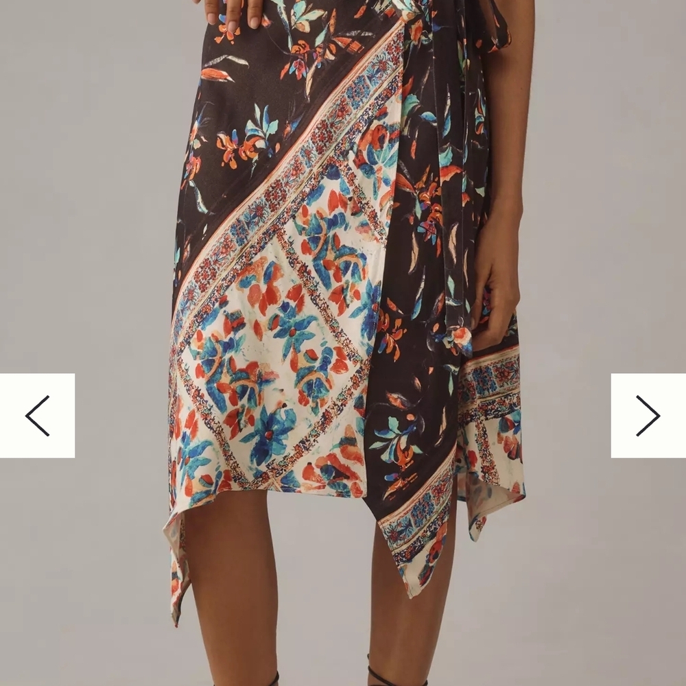 Anthropologie Black, Cream & Blue Floral Asymmetrical Wrap Skirt